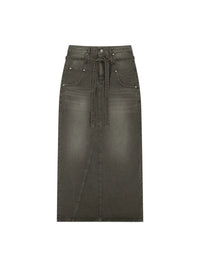 LOW CLASSIC BELTED HIGH WAIST DENIM SKIRT_GREY