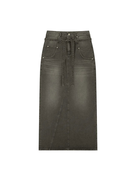 LOW CLASSIC BELTED HIGH WAIST DENIM SKIRT_GREY