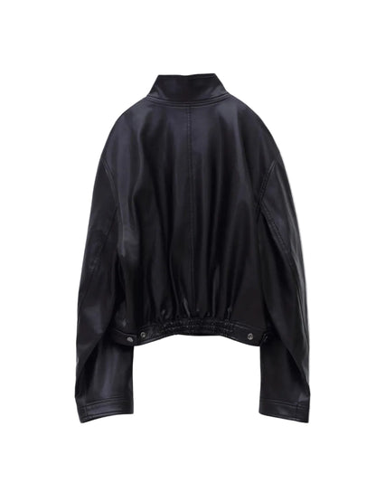 LOW CLASSIC STAND COLLAR LEATHER JUMPER_BLACK