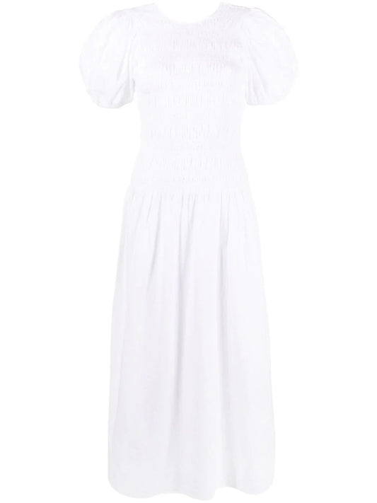 Ganni Shirred Poplin Midi Dress White