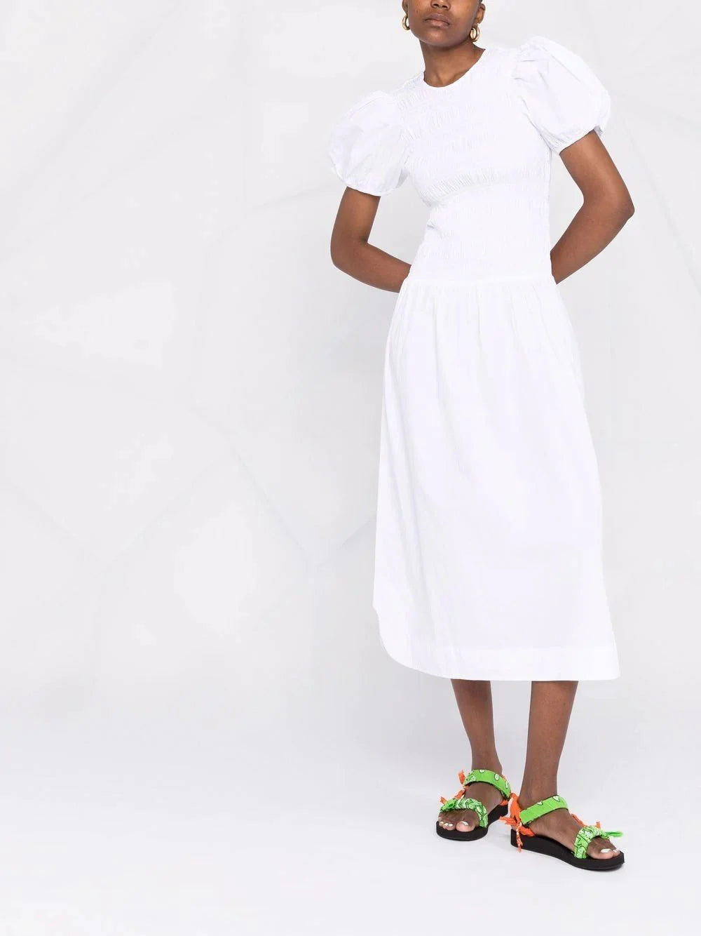 Ganni Shirred Poplin Midi Dress White