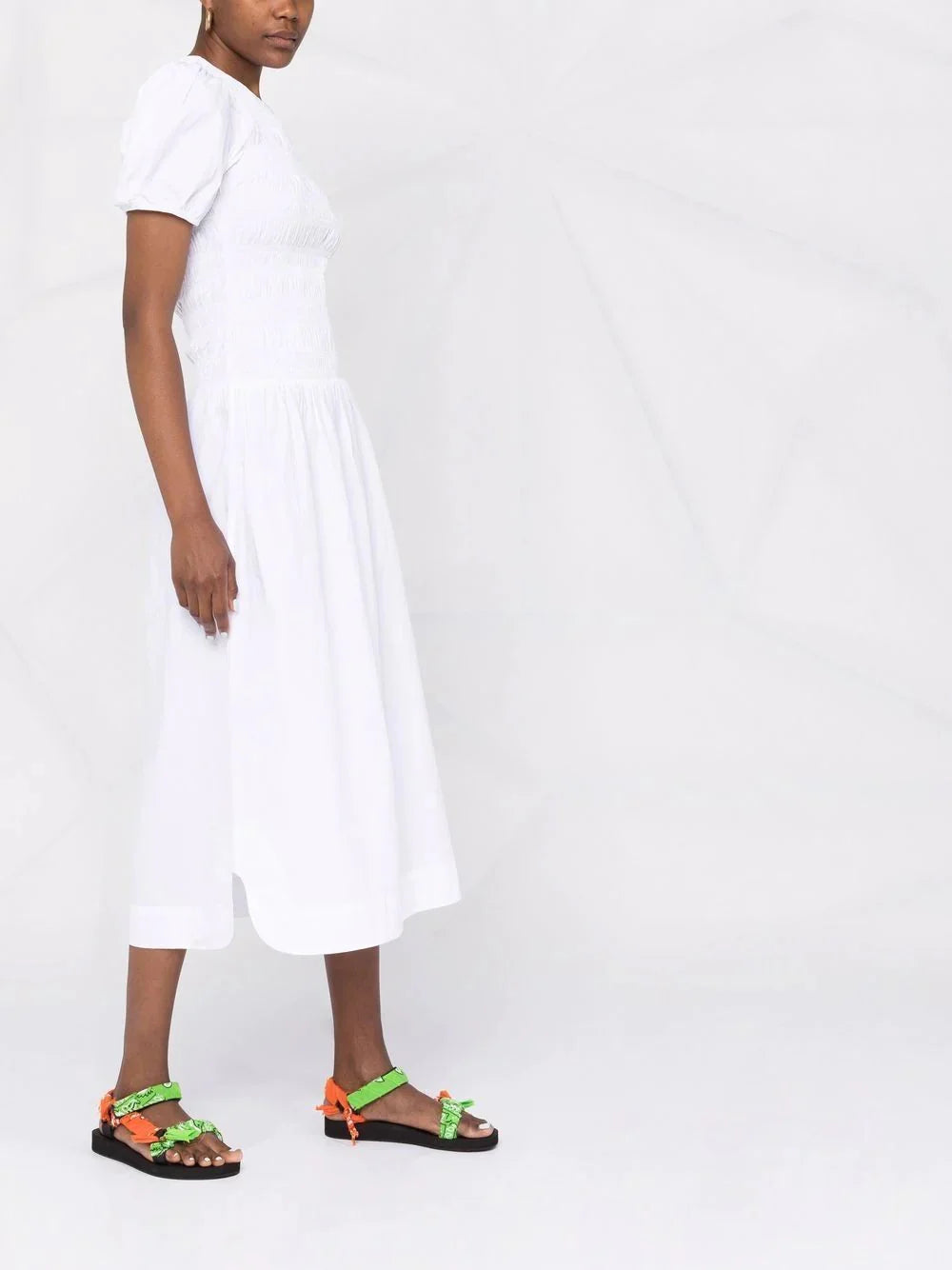 Ganni Shirred Poplin Midi Dress White