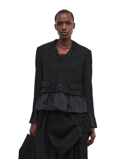 NOIR KEI NINOMIYA SATIN RUFFLE TRIM BLAZER_BLACK