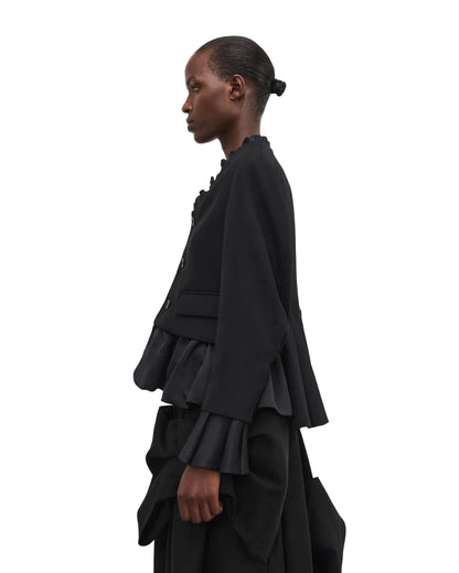 NOIR KEI NINOMIYA SATIN RUFFLE TRIM BLAZER_BLACK