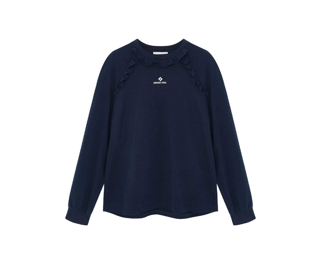 SHUSHU/TONG RUFFLE TRIM COTTON LONG SLEEVE TOP_NAVY
