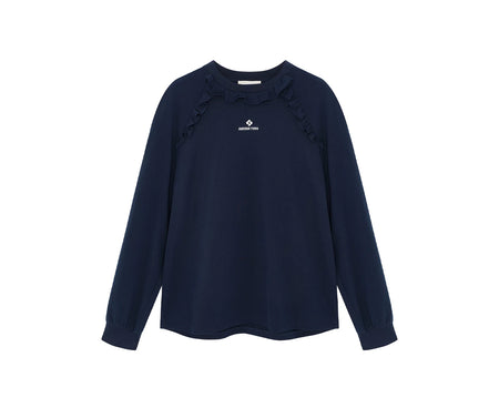 SHUSHU/TONG RUFFLE TRIM COTTON LONG SLEEVE TOP_NAVY