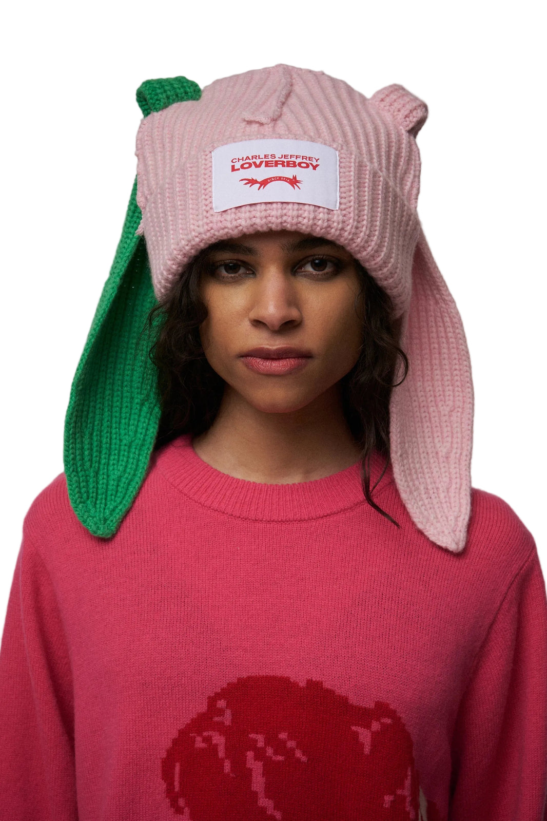 CHARLES JEFFREY LOVERBOY CHUNKY RABBIT BEANIE_PINK GREEN