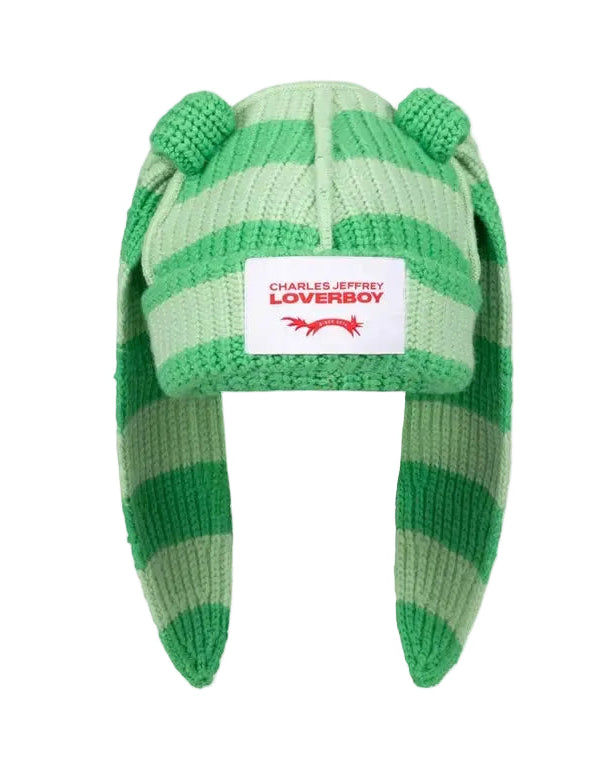 CHARLES JEFFREY LOVERBOY CHUNKY RABBIT BEANIE_GREEN STRIPE