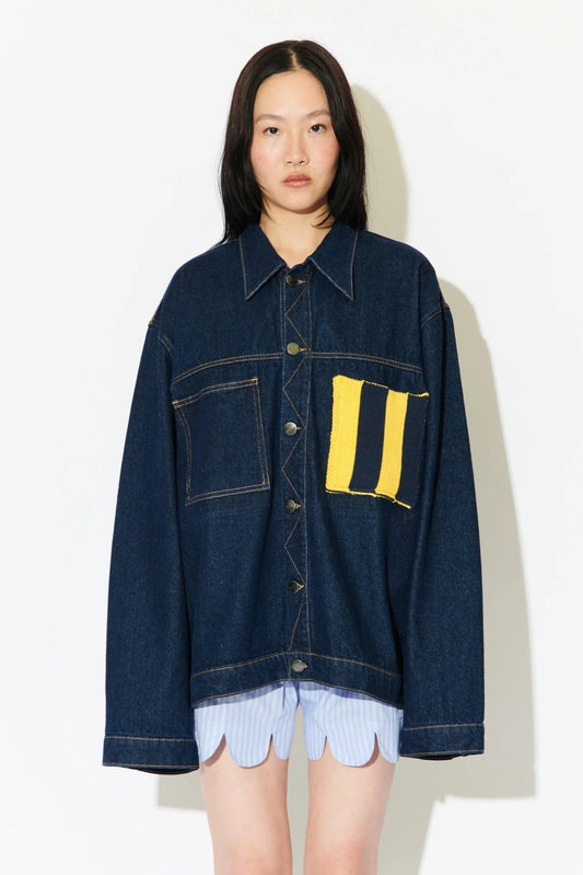 CHARLES JEFFREY LOVERBOY WOVEN CARGO DENIM JACKET WITH KNIT PATCH