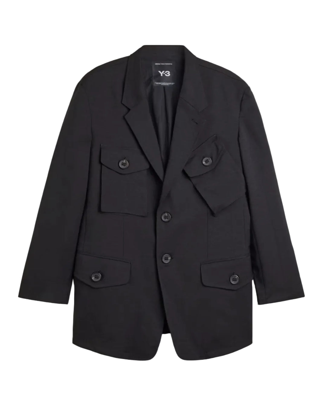 A black Y-3 blazer jacket with multiple flap pockets and a double-breasted button closure, displayed flat against a light gray background.