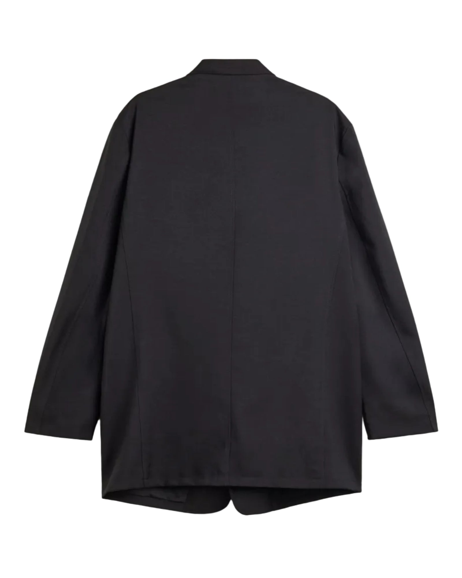 A black long-sleeve blazer shown from the back, laid flat against a light gray background.