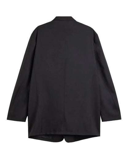 A black long-sleeve blazer shown from the back, laid flat against a light gray background.