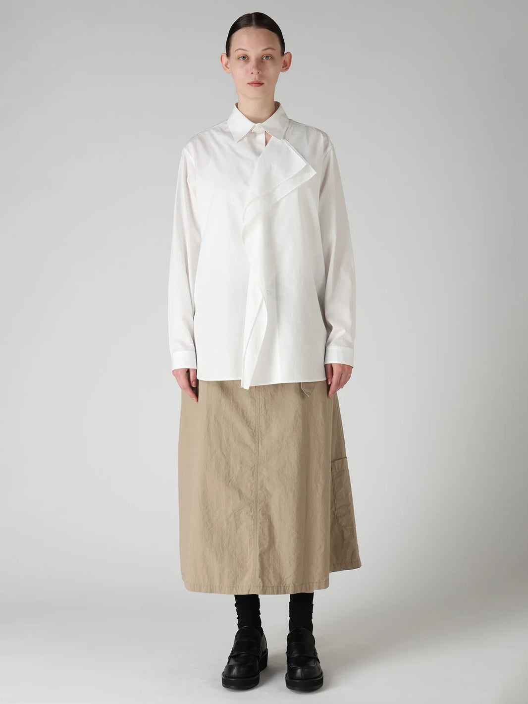 Y's 100/2 COTTON BROAD DOUBLE-FRONT GATHERED BLOUSE_WHITE