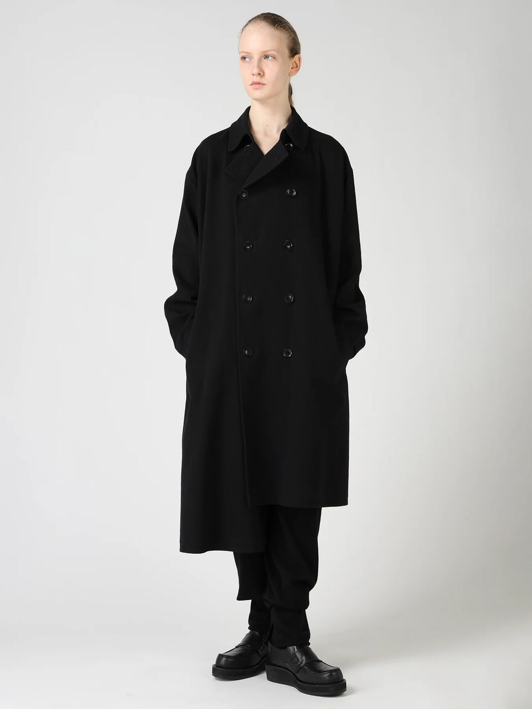 Y's COTTON FLAX ASYMMETRIC TRENCH COAT_BLACK