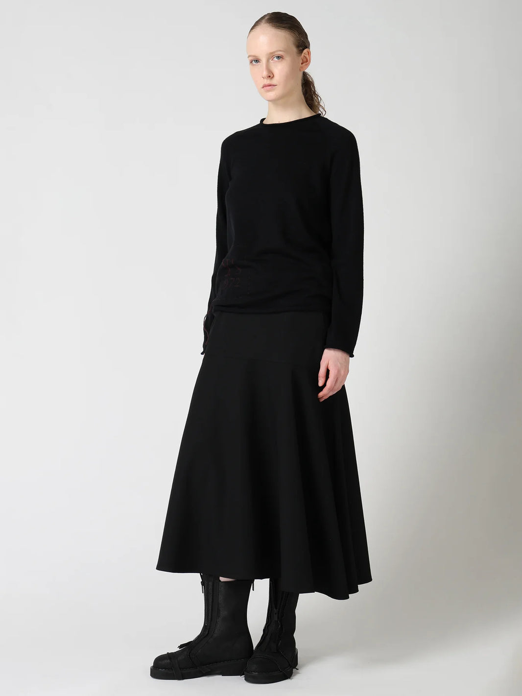 Y's WOOL GABARDINE PANEL FLARE SKIRT_BLACK