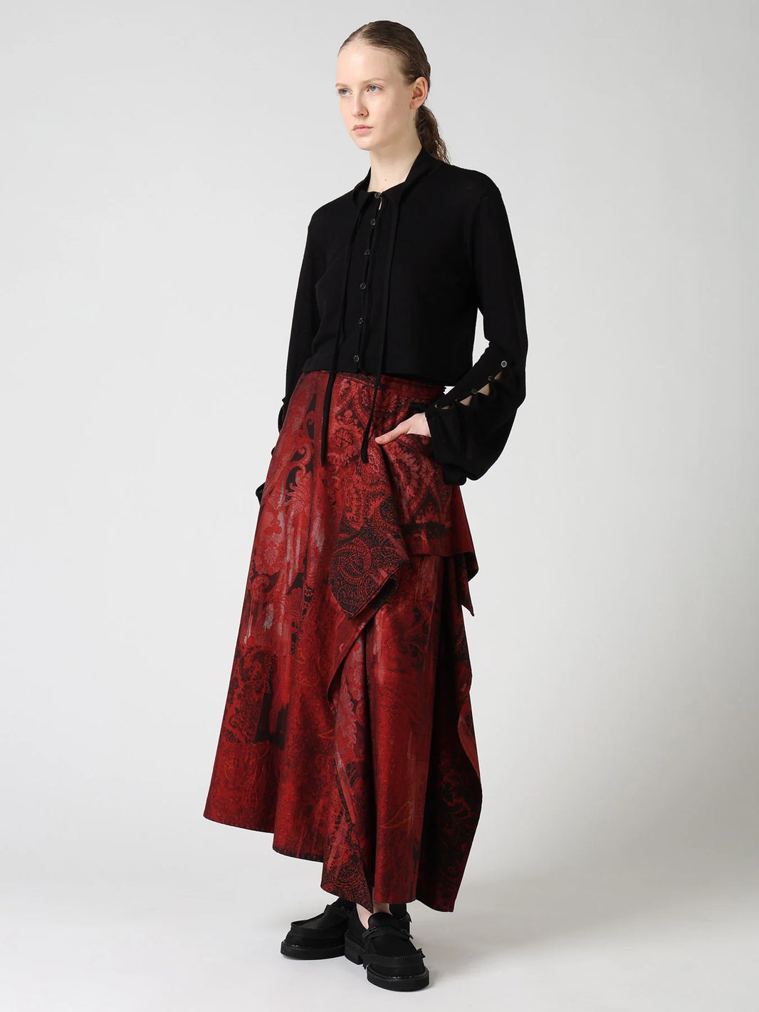Y's WOOL/SILK CREPE DRAPE SLEEVE CARDIGAN_BLACK