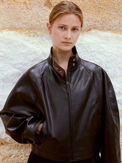 LOW CLASSIC STAND COLLAR LEATHER JUMPER_BLACK