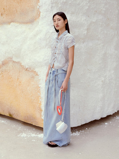 LOW CLASSIC BELTED HIGH WAIST DENIM SKIRT_BLUE