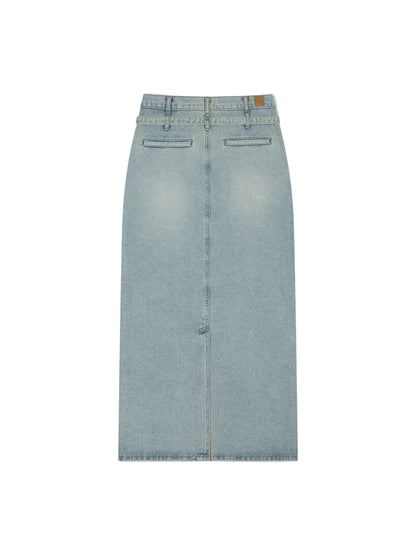 LOW CLASSIC BELTED HIGH WAIST DENIM SKIRT_BLUE