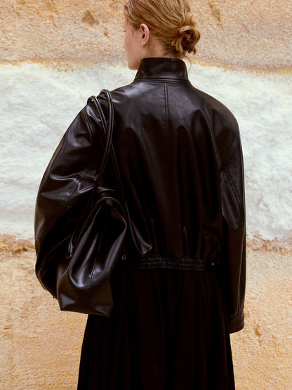 LOW CLASSIC STAND COLLAR LEATHER JUMPER_BLACK