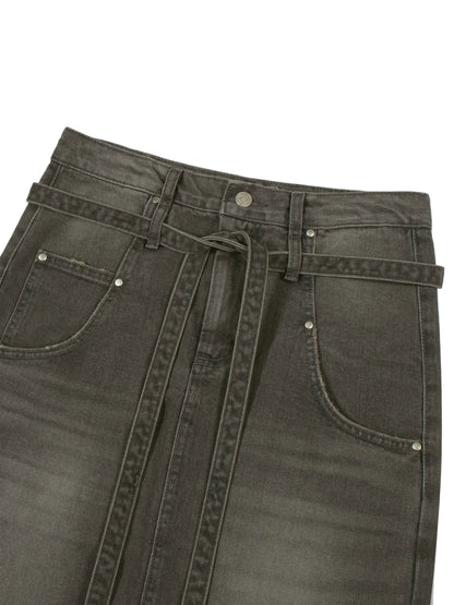 LOW CLASSIC BELTED HIGH WAIST DENIM SKIRT_GREY
