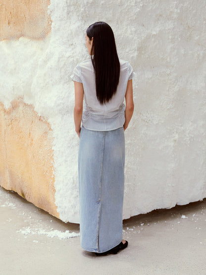 LOW CLASSIC BELTED HIGH WAIST DENIM SKIRT_BLUE