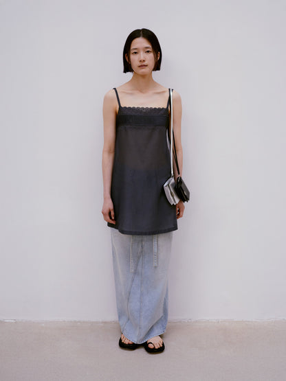 LOW CLASSIC BELTED HIGH WAIST DENIM SKIRT_BLUE