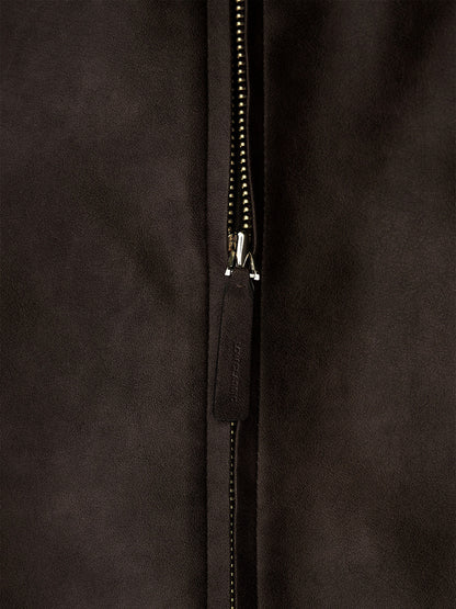 LOW CLASSIC STAND COLLAR LEATHER JUMPER_BLACK