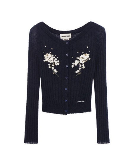 SHUSHU/TONG BEADED FLORAL KNIT CARDIGAN_NAVY