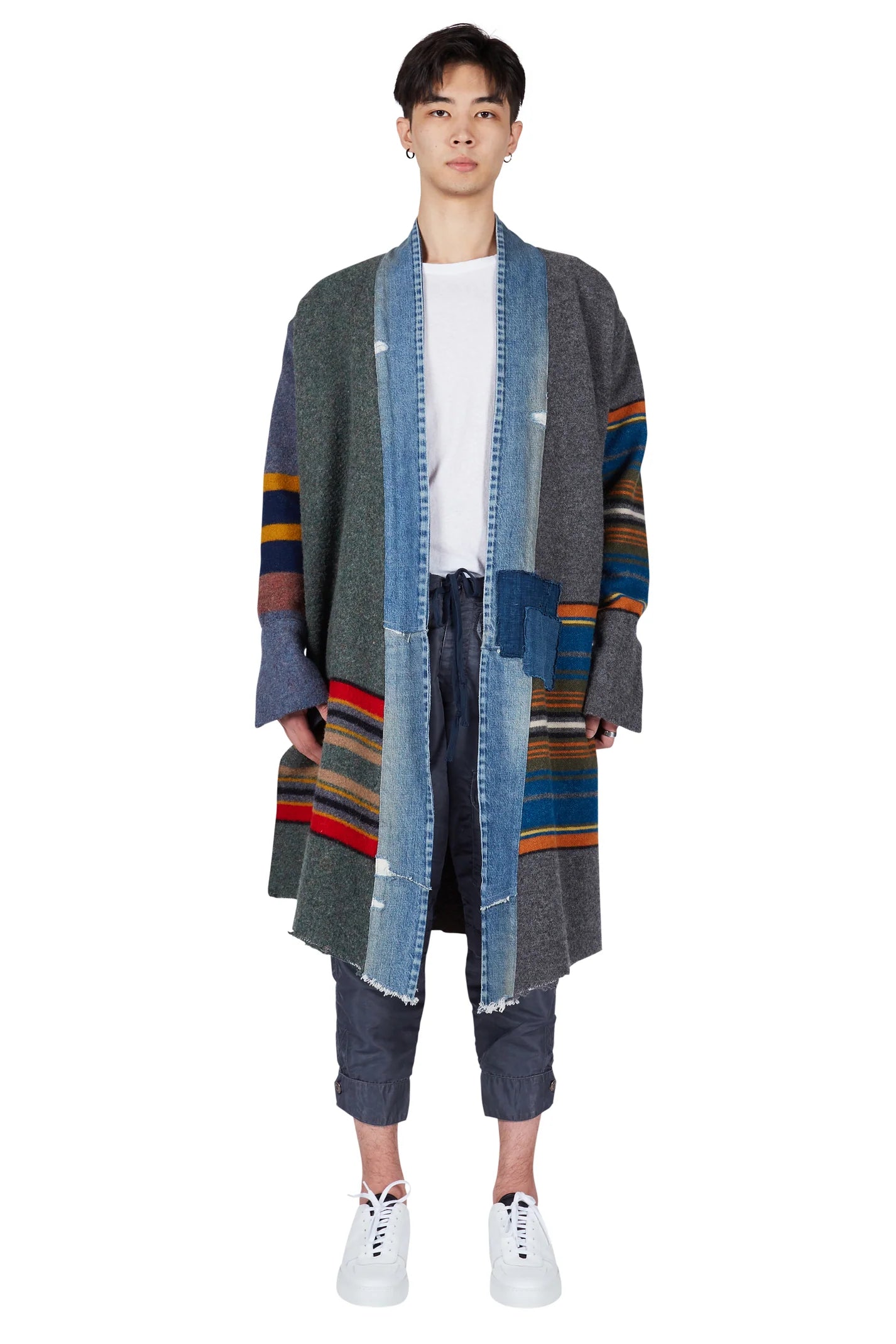 Greg Lauren Mixed Long Blanket Coat Grey/Blue/Red