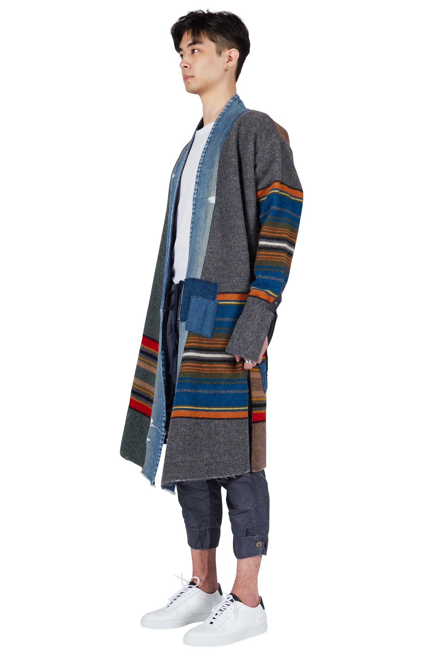 Greg Lauren Mixed Long Blanket Coat Grey/Blue/Red