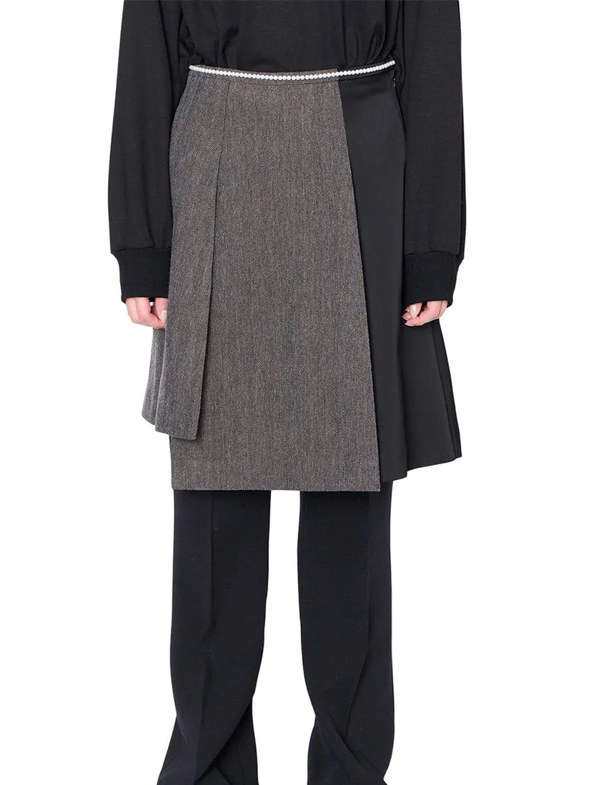 PEARL-WAIST ASYMMETRIC HERRINGBONE SKIRT